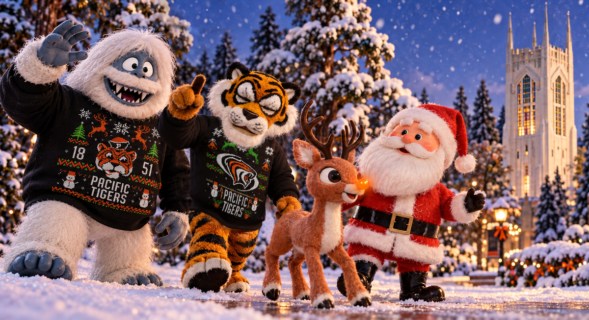 Tommy Tiger and a white yeti in University of the Pacific ugly sweater sweatshirts walk through a snowy campus with Santa Claus and a red-nosed reindeer, with a lit-up Burns Tower behind them