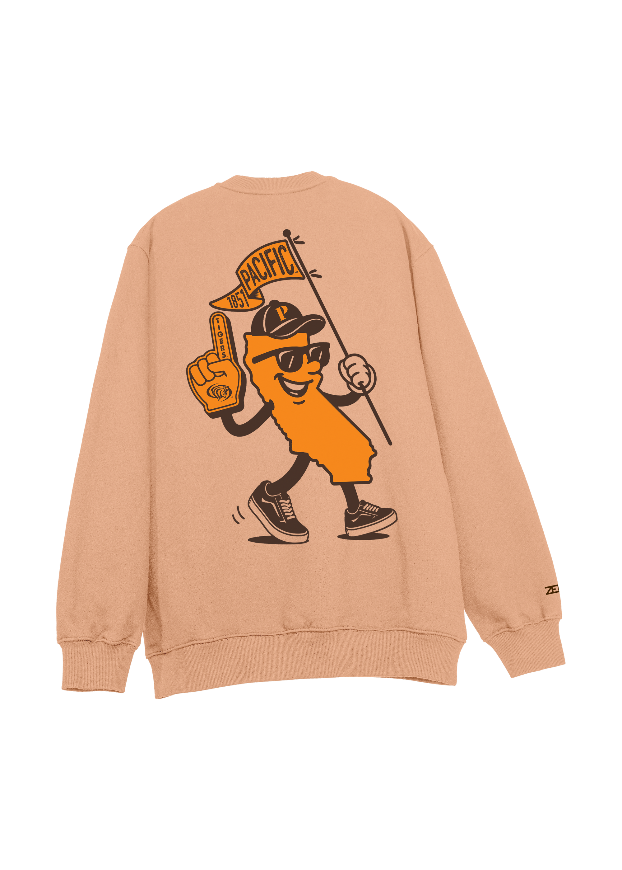 University of the Pacific Tigers Crewneck Sweatshirt — Clay, Back — by Zeus Collegiate