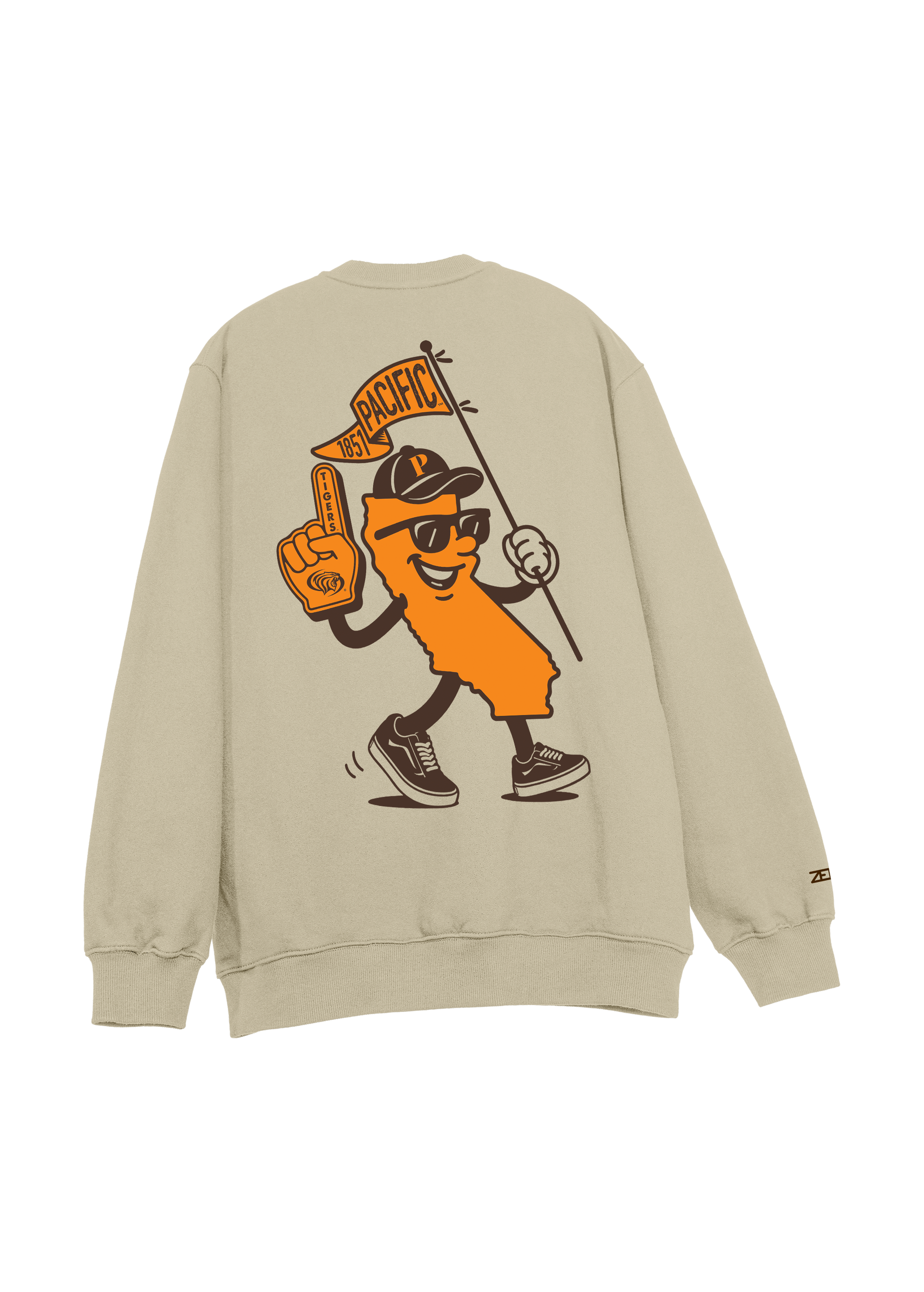 University of the Pacific Tigers Crewneck Sweatshirt — Sand, Back — by Zeus Collegiate