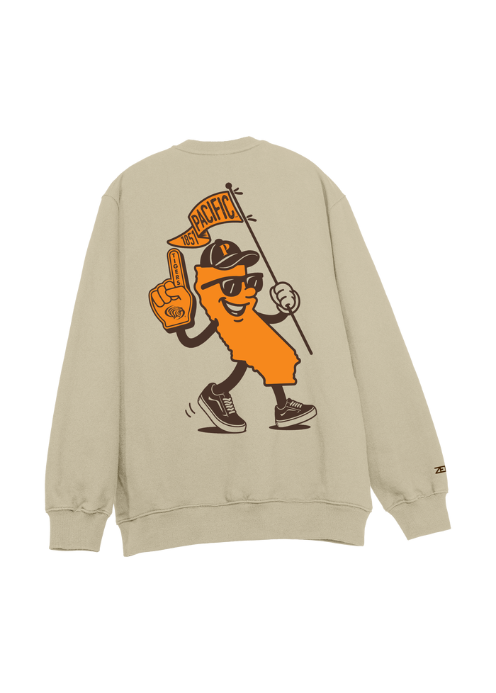 University of the Pacific Tigers Crewneck Sweatshirt — Sand, Back — by Zeus Collegiate