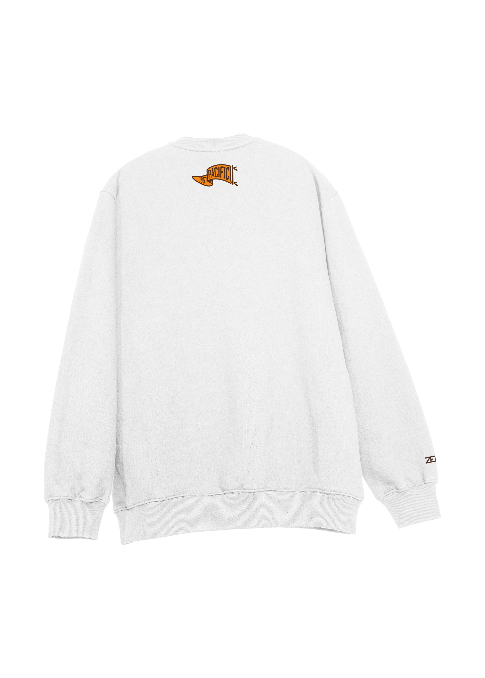 University of the Pacific Tigers Crewneck Sweatshirt — White, Back (Alt) — by Zeus Collegiate
