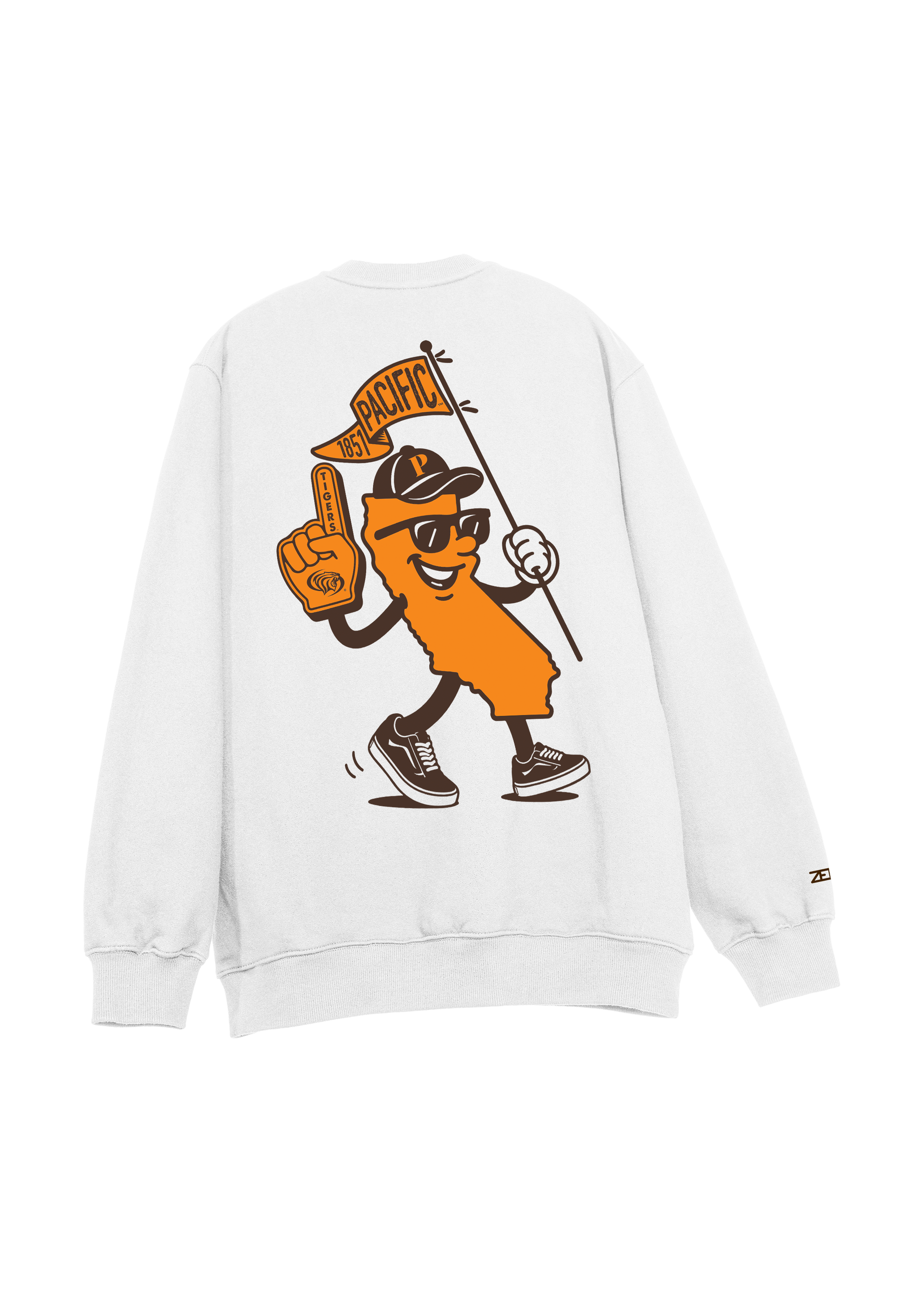 University of the Pacific Tigers Crewneck Sweatshirt — White, Back — by Zeus Collegiate