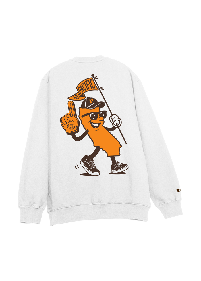 University of the Pacific Tigers Crewneck Sweatshirt — White, Back — by Zeus Collegiate