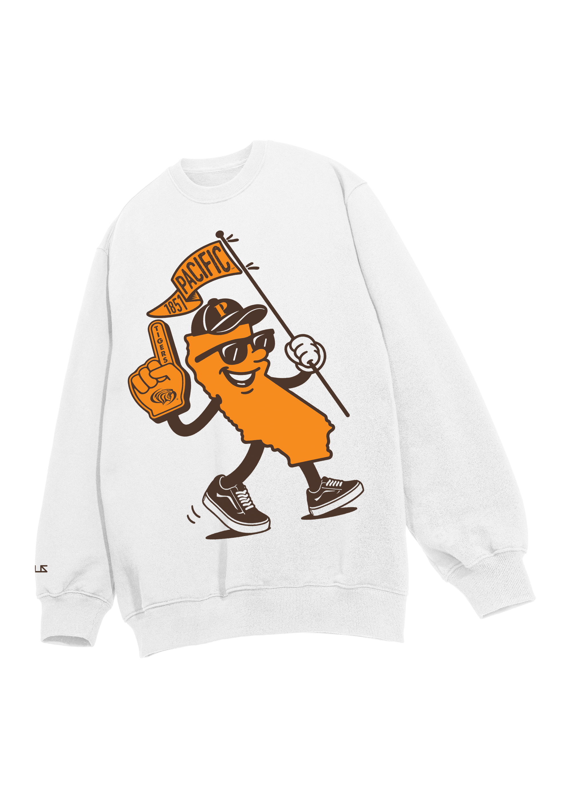 University of the Pacific Tigers Crewneck Sweatshirt — White, Front (Alt) — by Zeus Collegiate