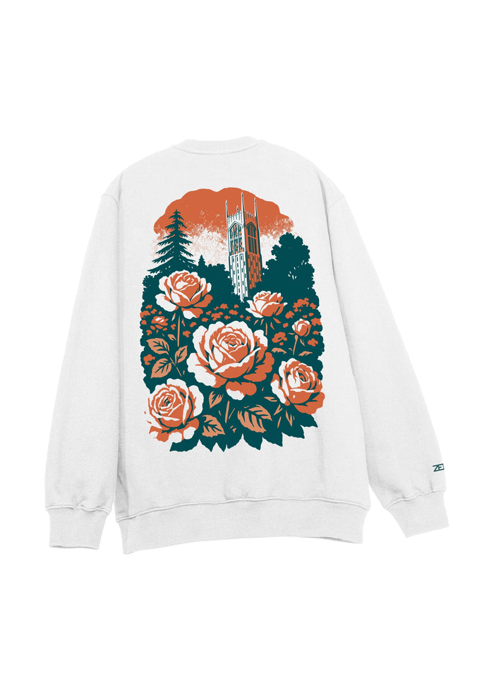 University of the Pacific Tigers Stop & Smell the Roses Crewneck Sweatshirt — White — by Zeus Collegiate