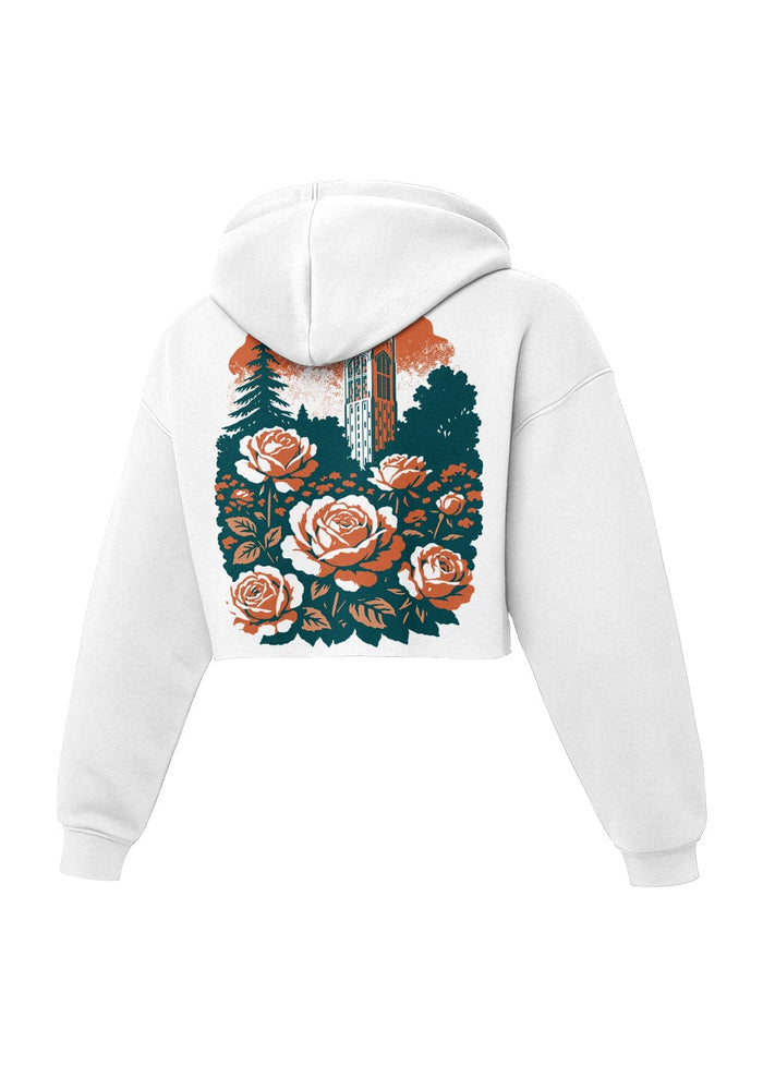 University of the Pacific Tigers Stop & Smell the Roses Women's Cropped Hoodie - Member Only Exclusive — White — by Zeus Collegiate
