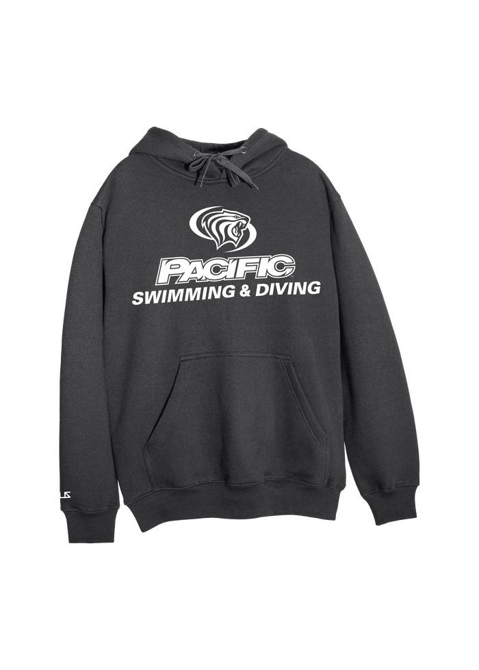 University of the Pacific Tigers Swimming & Diving Division I Hooded Sweatshirt — Dark Heather / White Print — by Zeus Collegiate