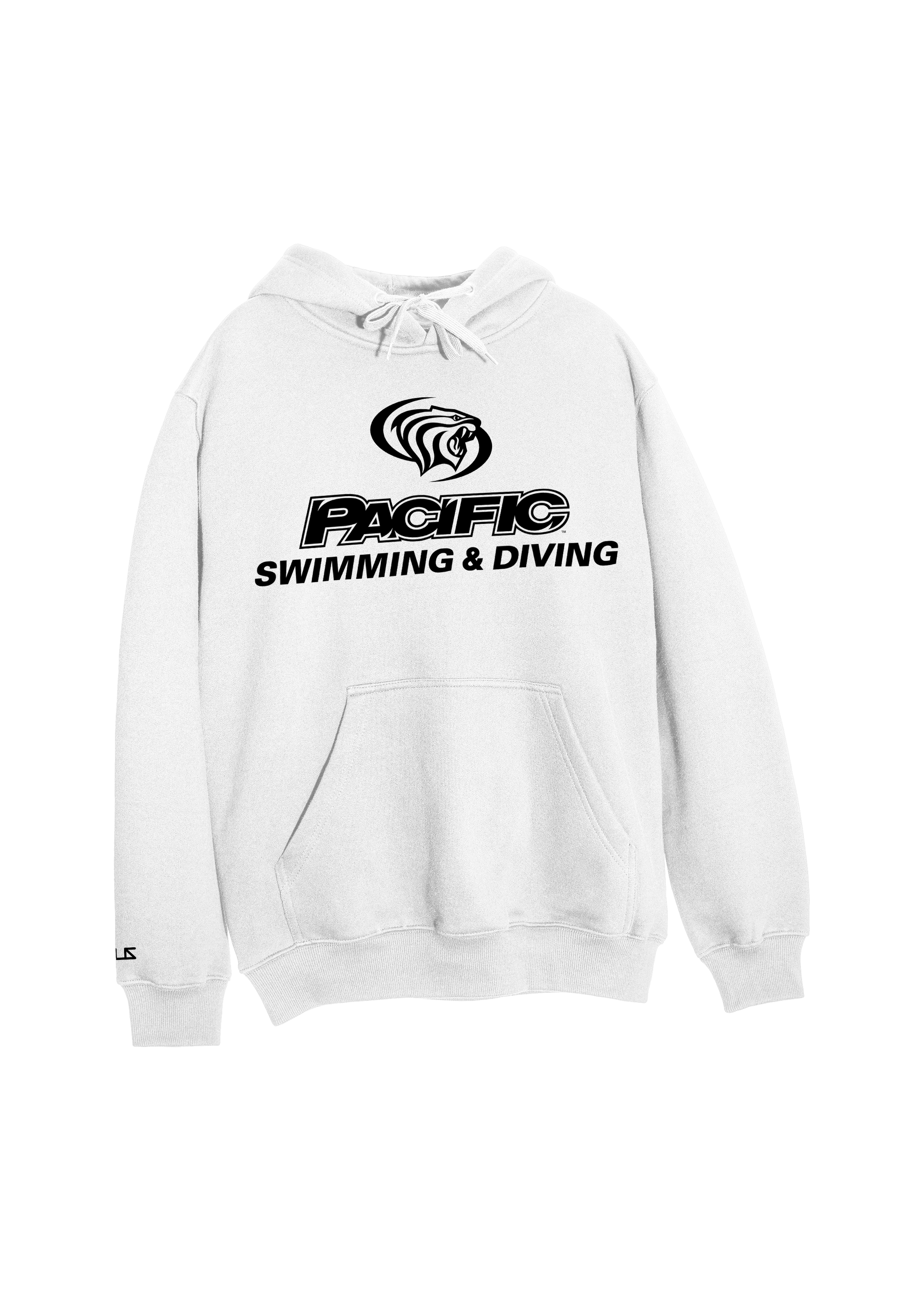 University of the Pacific Tigers Swimming & Diving Division I Hooded Sweatshirt — White / Black Print — by Zeus Collegiate
