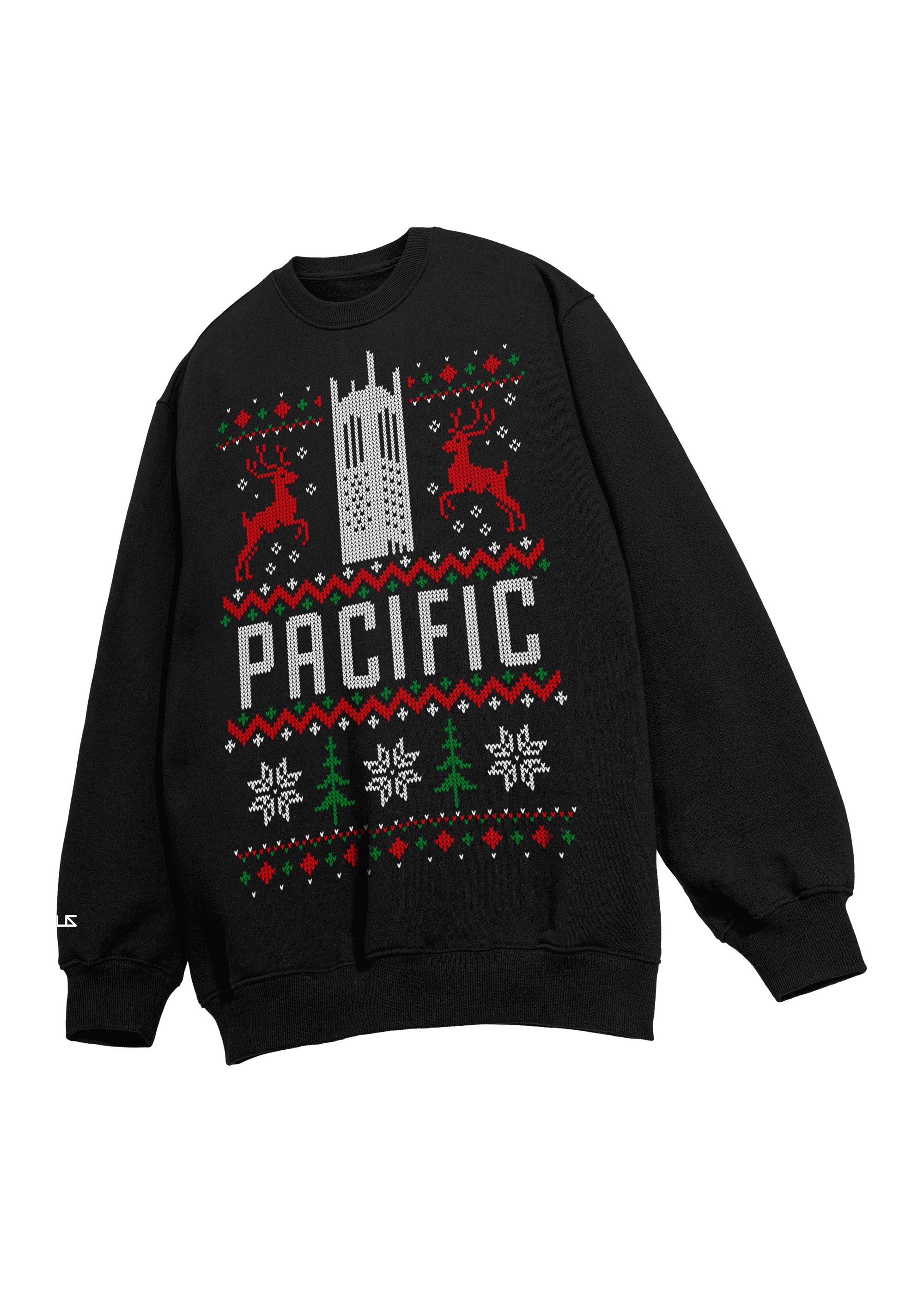 University of the Pacific Tigers Burns Tower Ugly Sweater — Front View, Black — by Zeus Collegiate