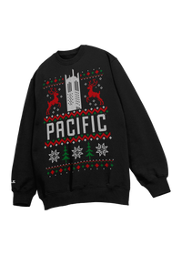 University of the Pacific Tigers Burns Tower Ugly Sweater — Front View, Black — by Zeus Collegiate
