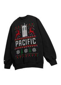 University of the Pacific Tigers Burns Tower Ugly Sweater — Front View, Black — by Zeus Collegiate