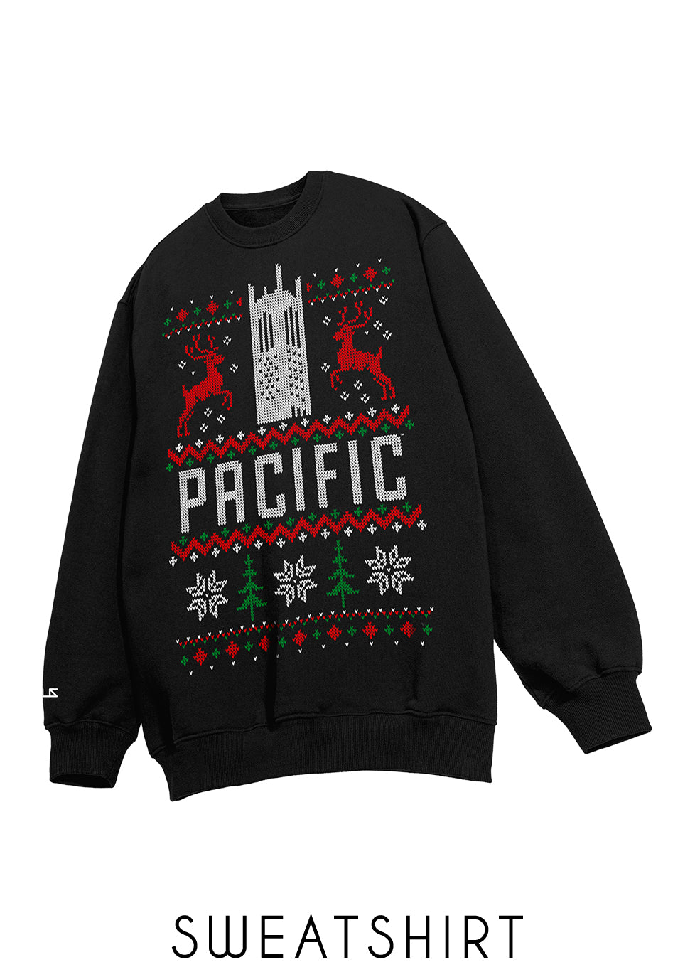 University of the Pacific Tigers Burns Tower Ugly Sweater — Front View with Style Label — by Zeus Collegiate