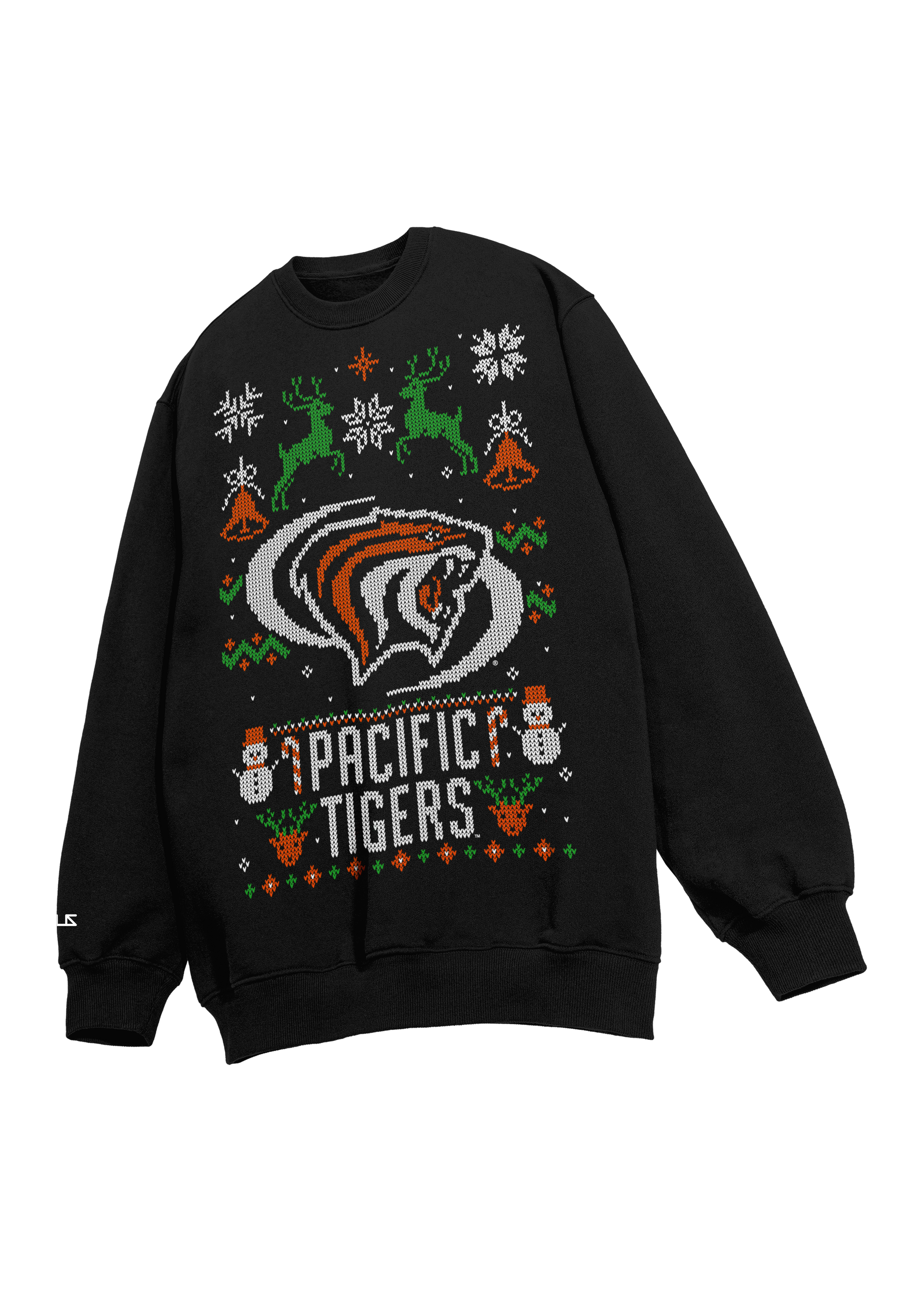 University of the Pacific Tigers Powercat Ugly Sweater — Front View, Black — by Zeus Collegiate