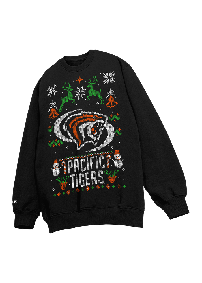 University of the Pacific Tigers Powercat Ugly Sweater — Front View, Black — by Zeus Collegiate