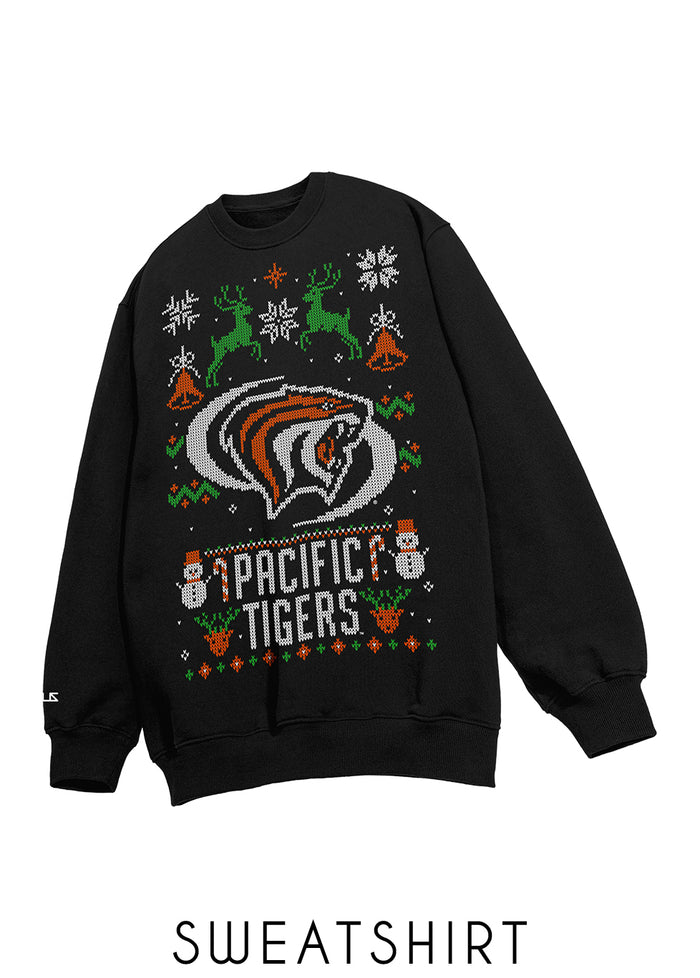 University of the Pacific Tigers Powercat Ugly Sweater — Front View with Style Label — by Zeus Collegiate