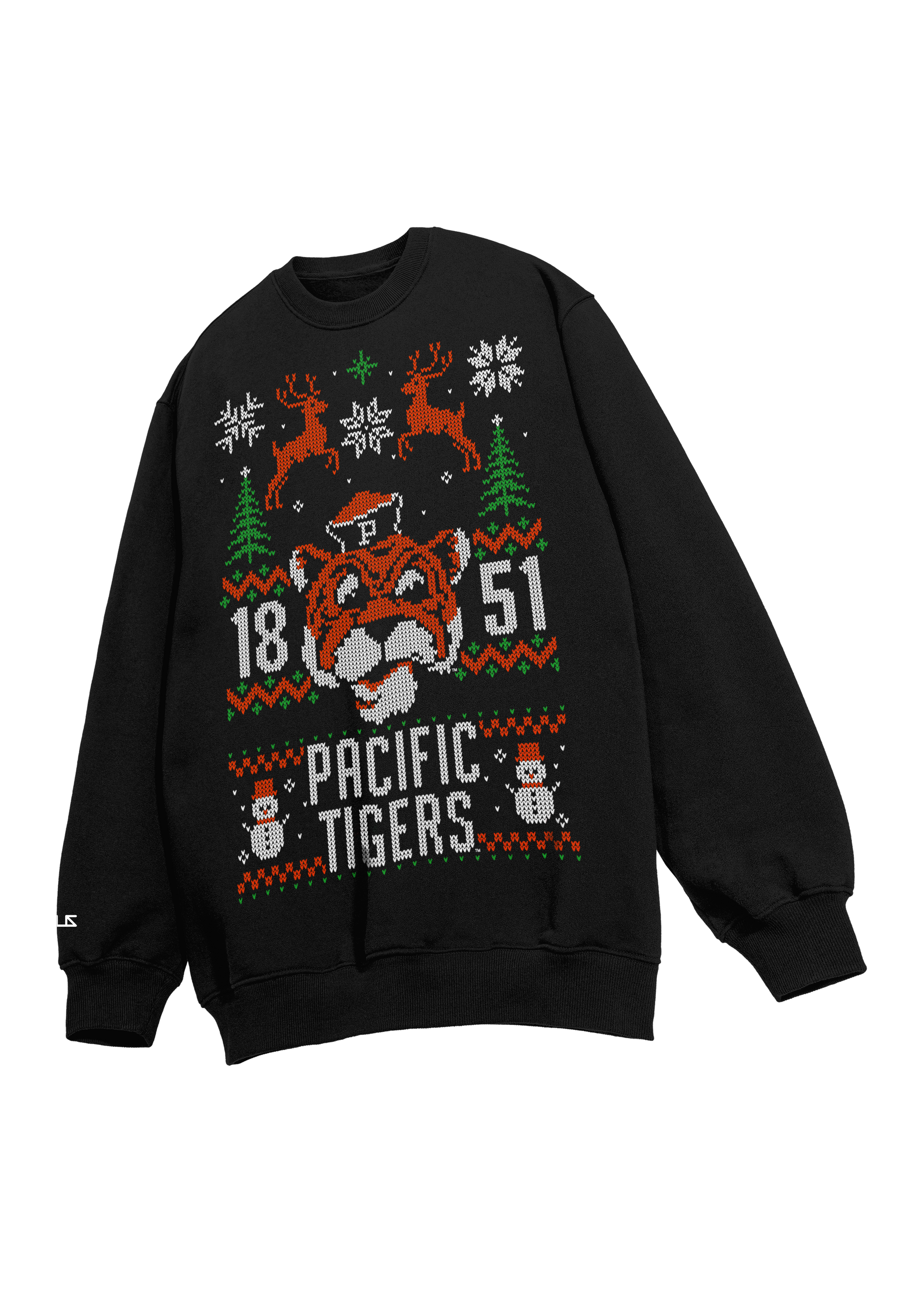University of the Pacific Tigers Tommy Tiger Ugly Sweater — Front View, Black — by Zeus Collegiate