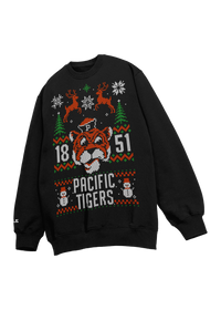 University of the Pacific Tigers Tommy Tiger Ugly Sweater — Front View, Black — by Zeus Collegiate