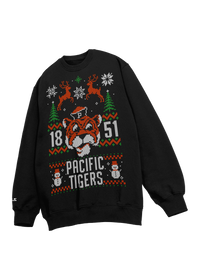 University of the Pacific Tigers Tommy Tiger Ugly Sweater — Front View, Black — by Zeus Collegiate