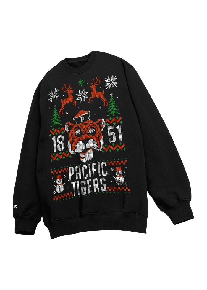 University of the Pacific Tigers Tommy Tiger Ugly Sweater — Front View, Black — by Zeus Collegiate