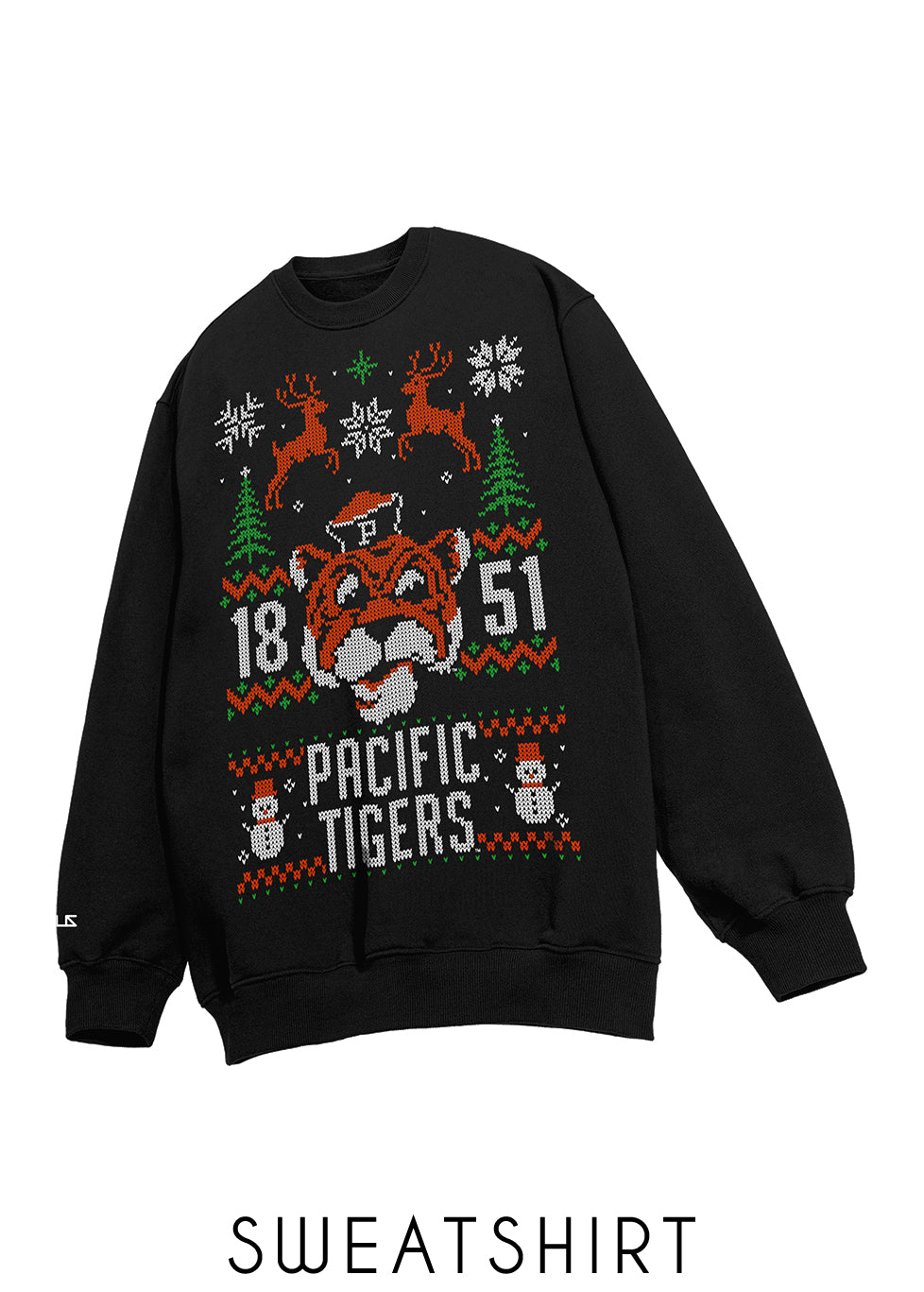 University of the Pacific Tigers Tommy Tiger Ugly Sweater — Front View with Style Label — by Zeus Collegiate