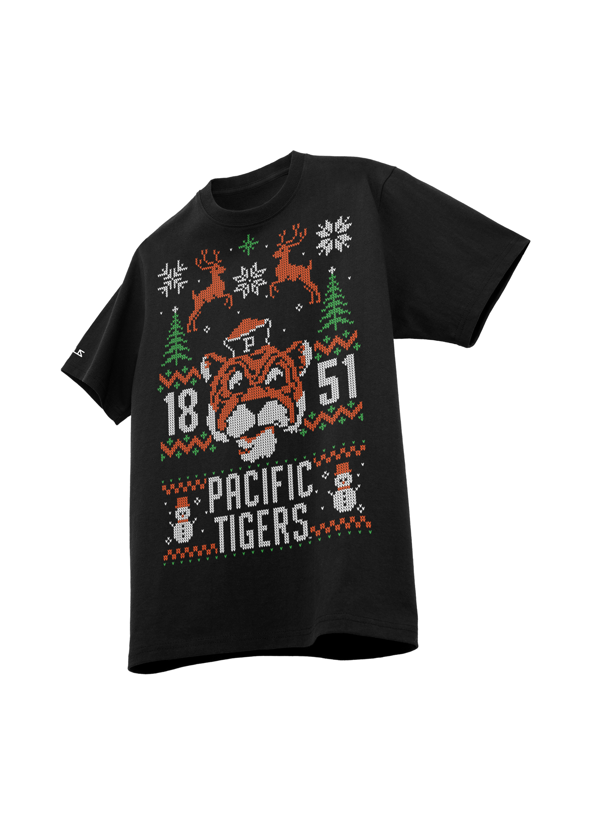 University of the Pacific Tigers Tommy Tiger Ugly Sweater Tee — Front View, Black — by Zeus Collegiate