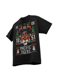 University of the Pacific Tigers Tommy Tiger Ugly Sweater Tee — Front View, Black — by Zeus Collegiate