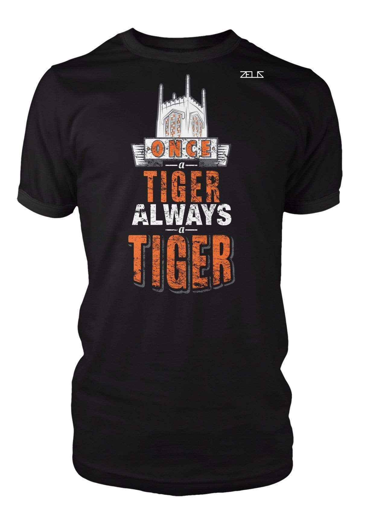 University of the Pacific Tigers Always A Tiger Burns Tower T-Shirt — Black — by Zeus Collegiate