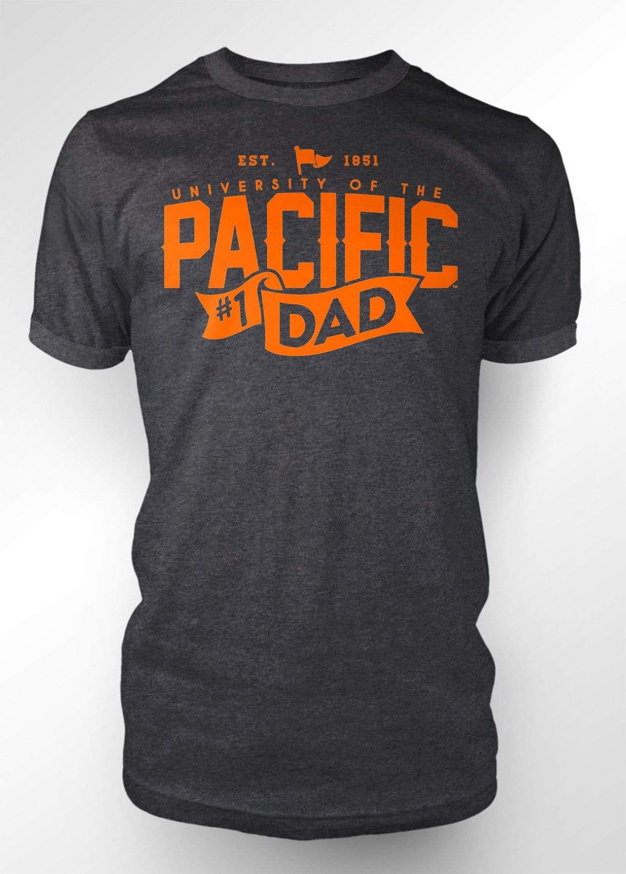 University of the Pacific Tigers Dad T-shirt — Dark Heather — Close-up — by Zeus Collegiate