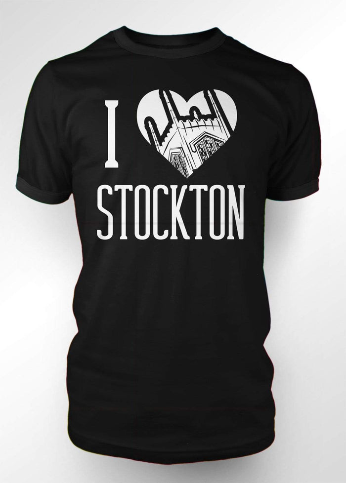University of the Pacific Tigers I Love Stockton: Burns Tower T-shirt — Black — by Zeus Collegiate