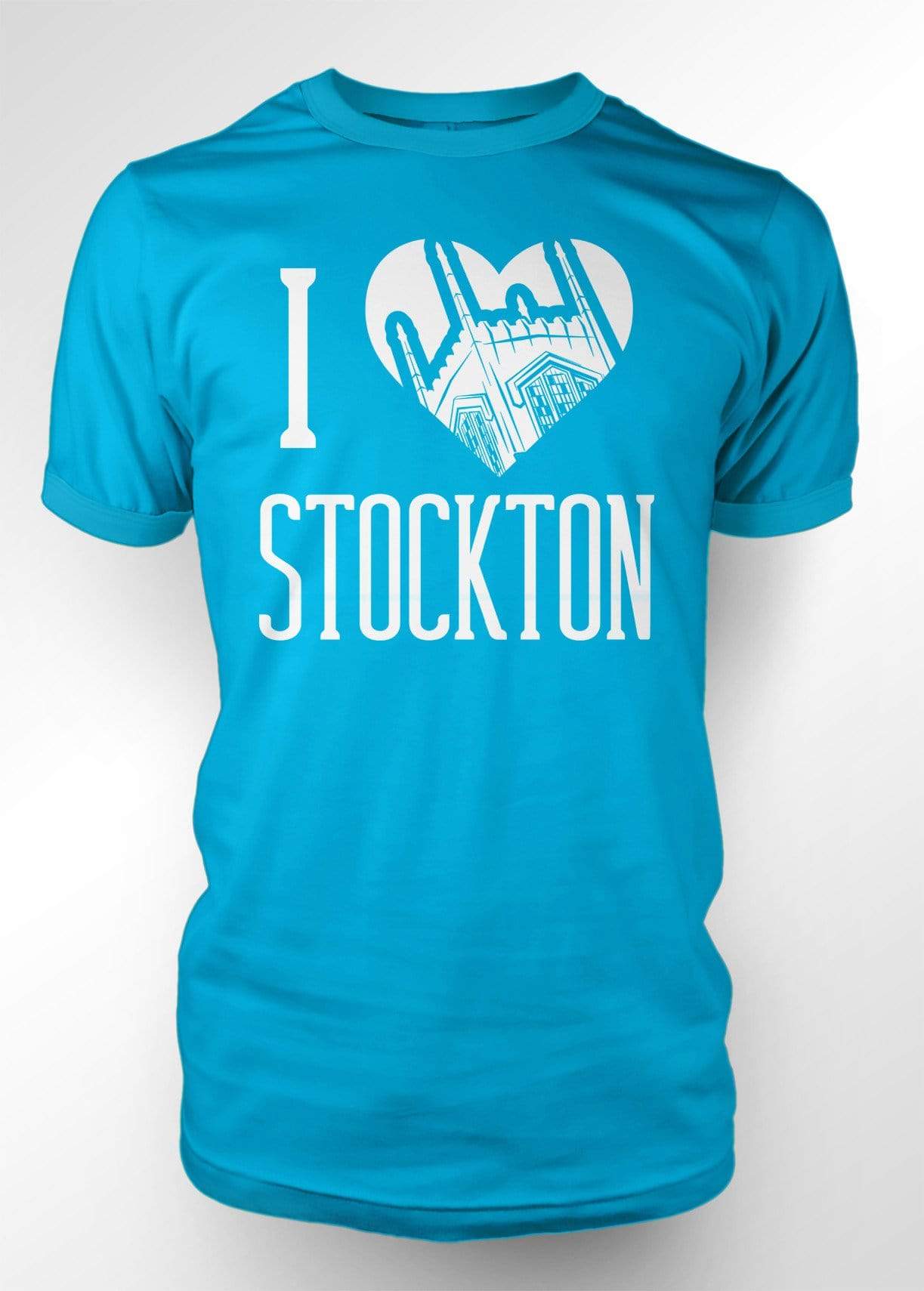 University of the Pacific Tigers I Love Stockton: Burns Tower T-shirt — Caribbean Blue — by Zeus Collegiate