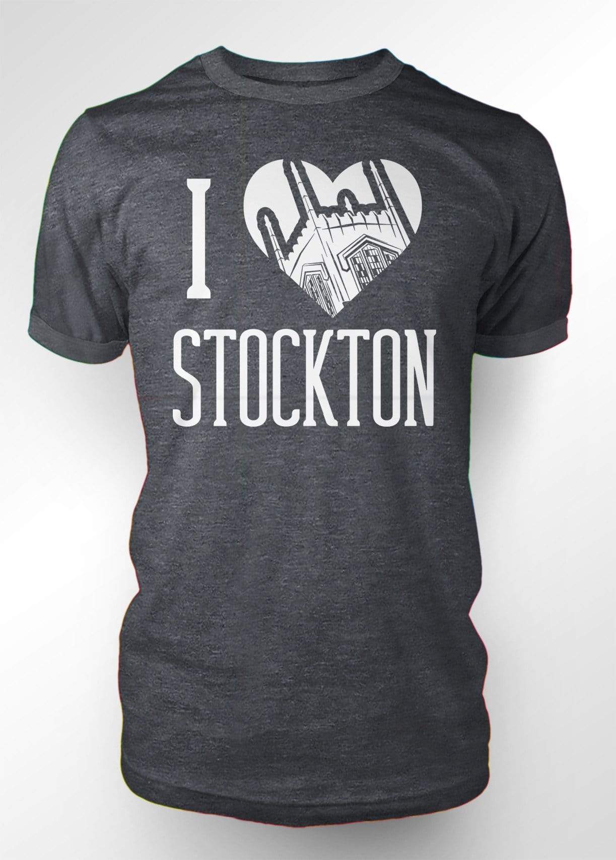 University of the Pacific Tigers I Love Stockton: Burns Tower T-shirt — Dark Heather — by Zeus Collegiate