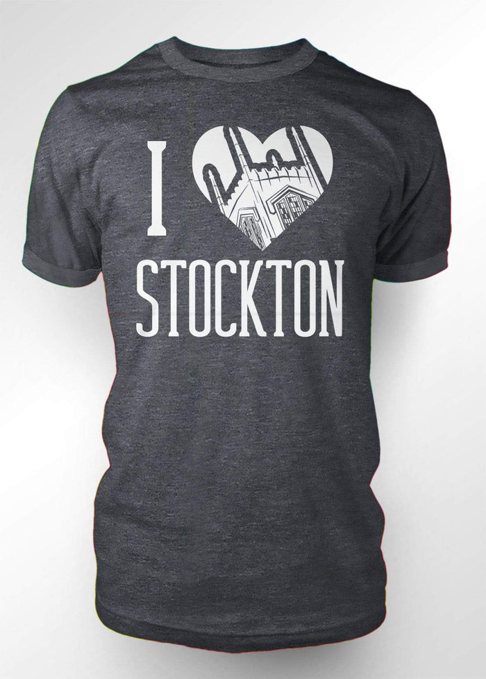 University of the Pacific Tigers I Love Stockton: Burns Tower T-shirt — Dark Heather — by Zeus Collegiate