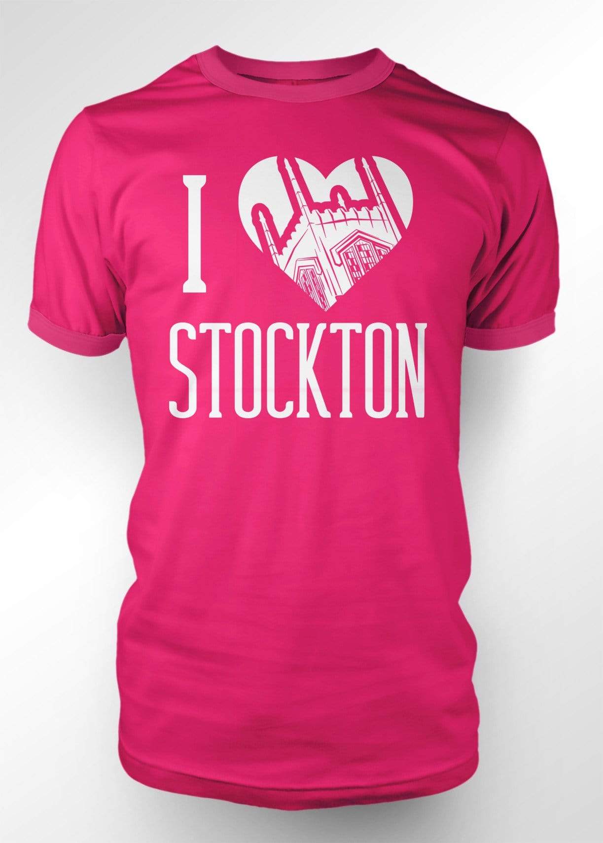 University of the Pacific Tigers I Love Stockton: Burns Tower T-shirt — Hot Pink — by Zeus Collegiate