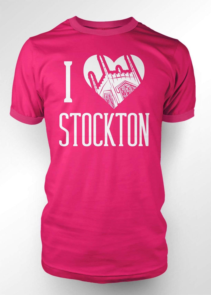 University of the Pacific Tigers I Love Stockton: Burns Tower T-shirt — Hot Pink — by Zeus Collegiate