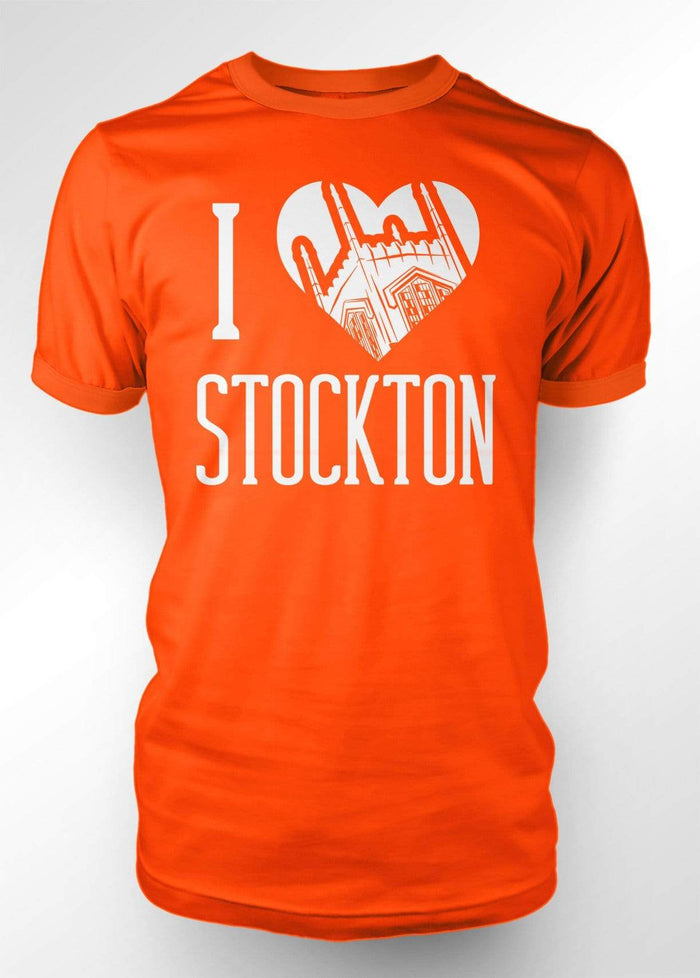 University of the Pacific Tigers I Love Stockton: Burns Tower T-shirt — Orange — by Zeus Collegiate