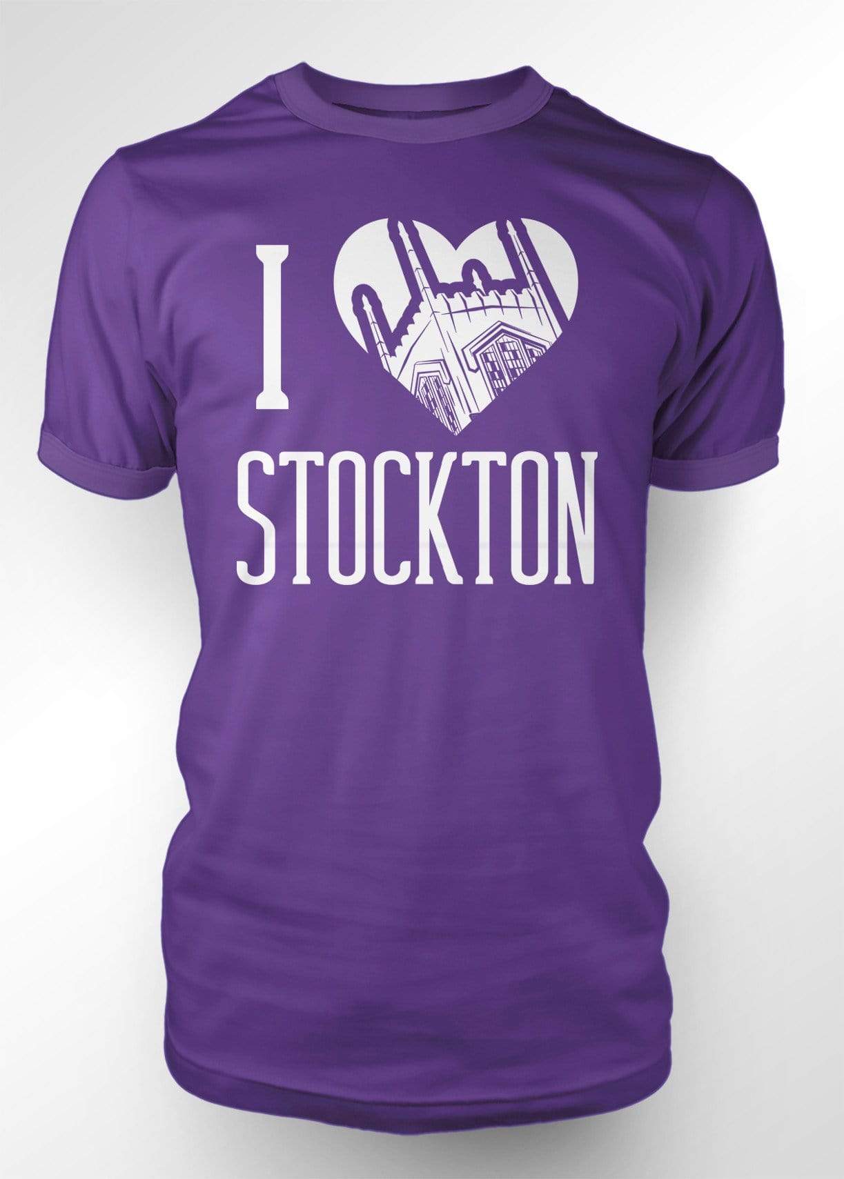 University of the Pacific Tigers I Love Stockton: Burns Tower T-shirt — Purple — by Zeus Collegiate