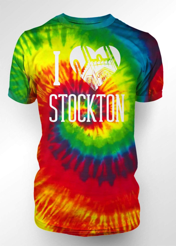 University of the Pacific Tigers I Love Stockton: Burns Tower T-shirt — Reactive Rainbow — by Zeus Collegiate