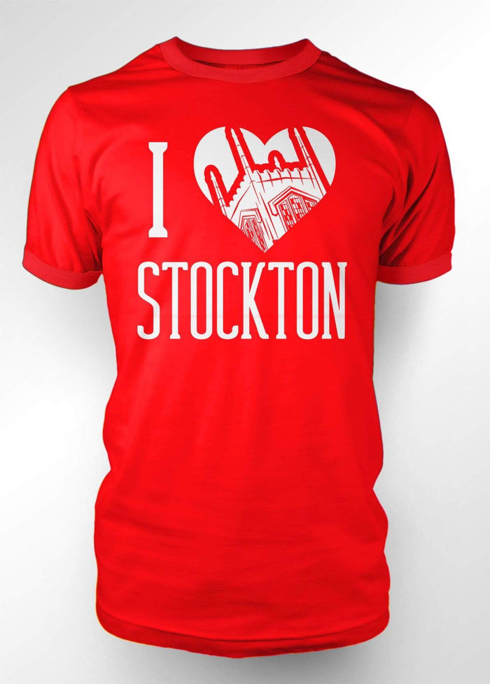 University of the Pacific Tigers I Love Stockton: Burns Tower T-shirt — Red — by Zeus Collegiate