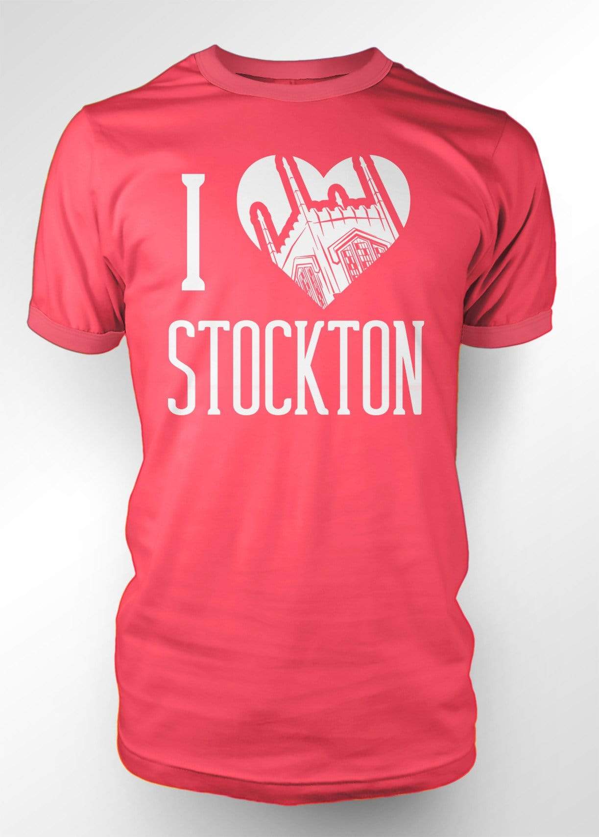 University of the Pacific Tigers I Love Stockton: Burns Tower T-shirt — Standard Pink — by Zeus Collegiate