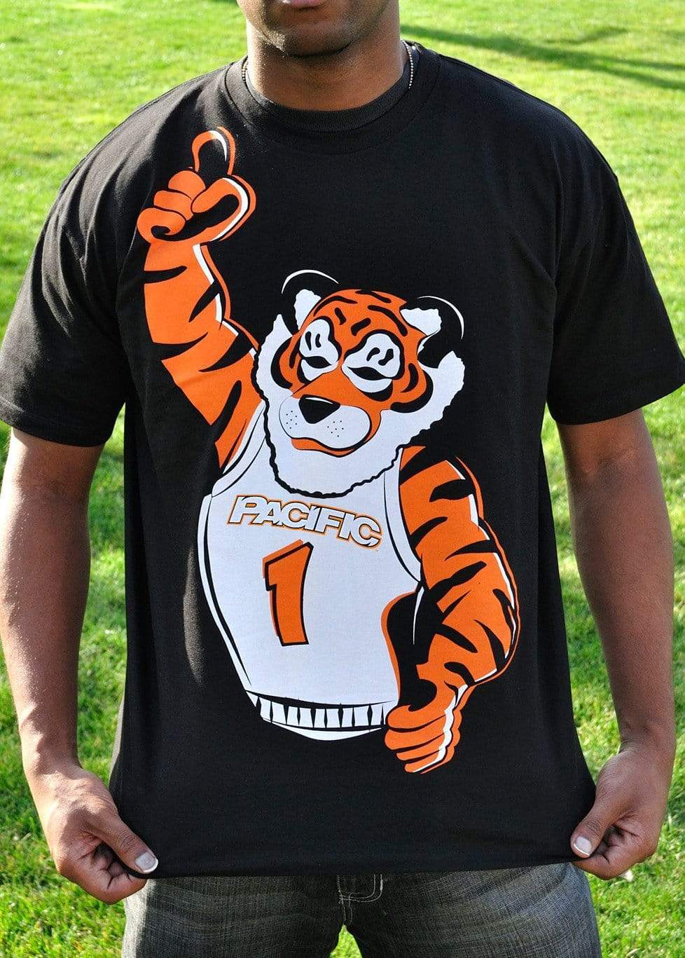 University of the Pacific Tigers Number One Powercat T-Shirt — Black — Side View — by Zeus Collegiate