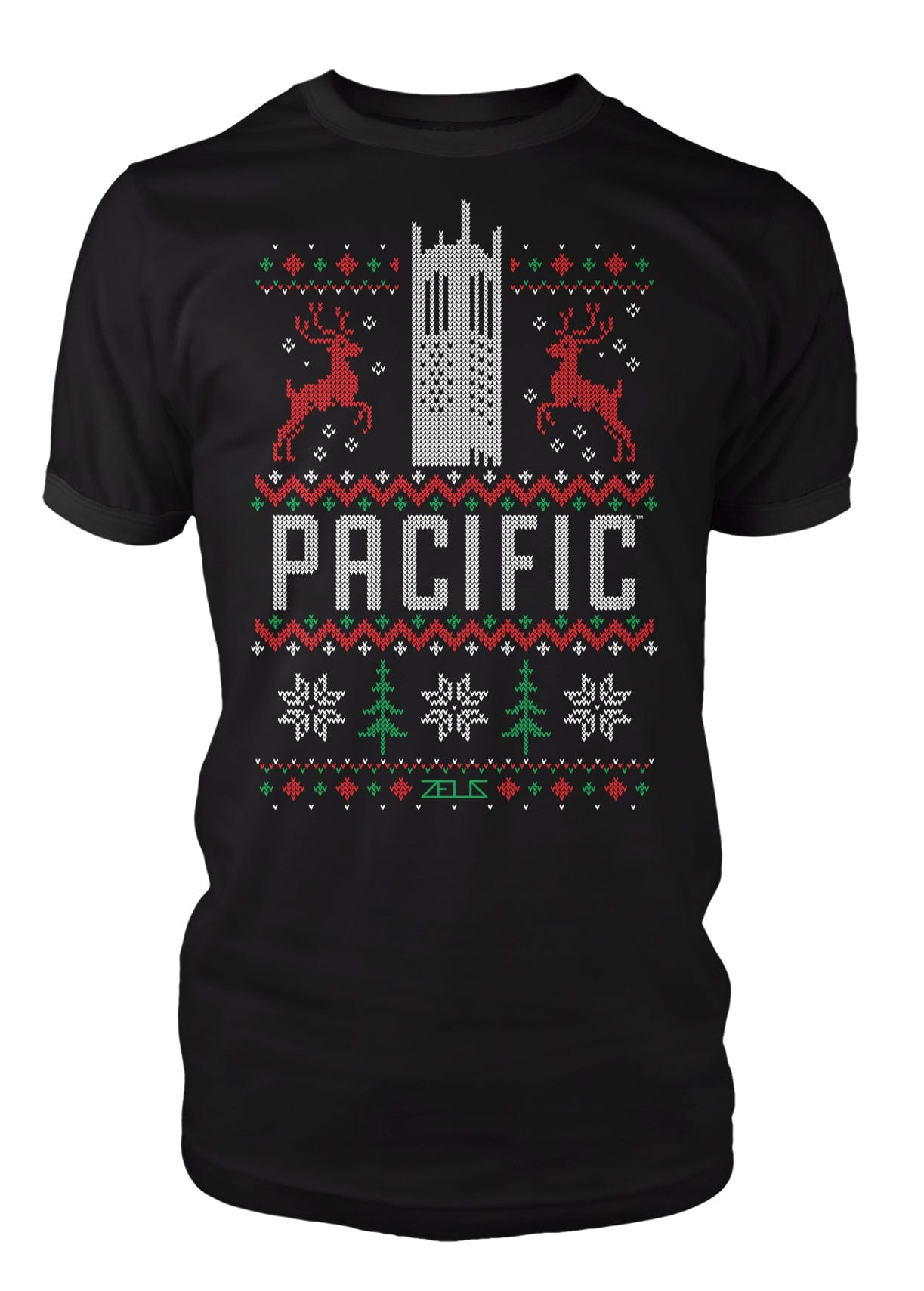 University of the Pacific Tigers Burns Tower Ugly Sweater Tee — Front View — by Zeus Collegiate