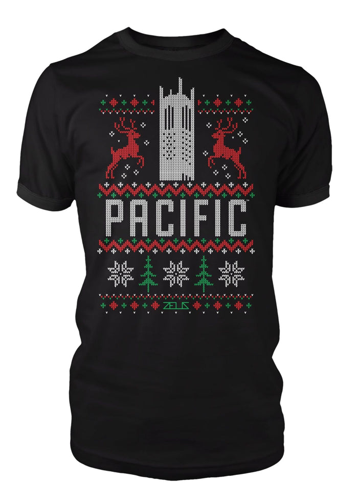University of the Pacific Tigers Burns Tower Ugly Sweater Tee — Front View — by Zeus Collegiate