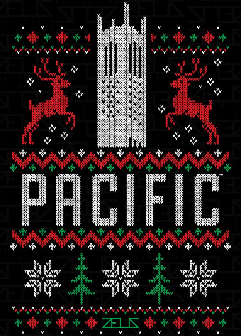 University of the Pacific Tigers Burns Tower Ugly Sweater Tee — Full Design — by Zeus Collegiate