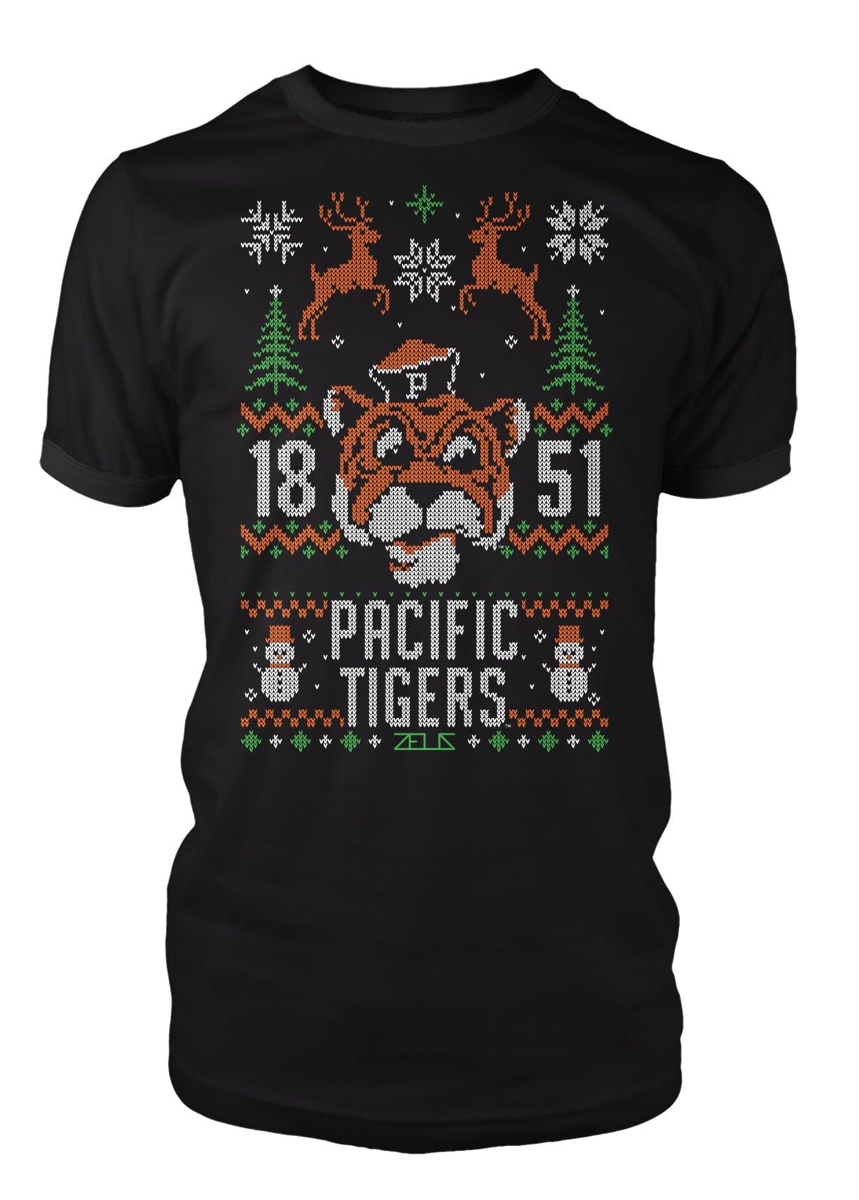 University of the Pacific Tigers Tommy Tiger Ugly Sweater Tee — Front View — by Zeus Collegiate