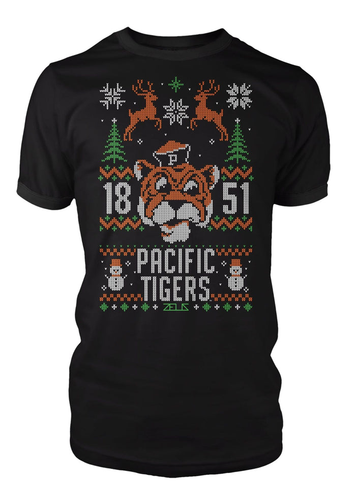 University of the Pacific Tigers Tommy Tiger Ugly Sweater Tee — Front View — by Zeus Collegiate