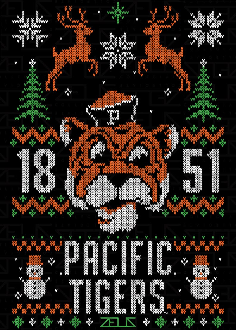 University of the Pacific Tigers Tommy Tiger Ugly Sweater Tee — Full Design — by Zeus Collegiate